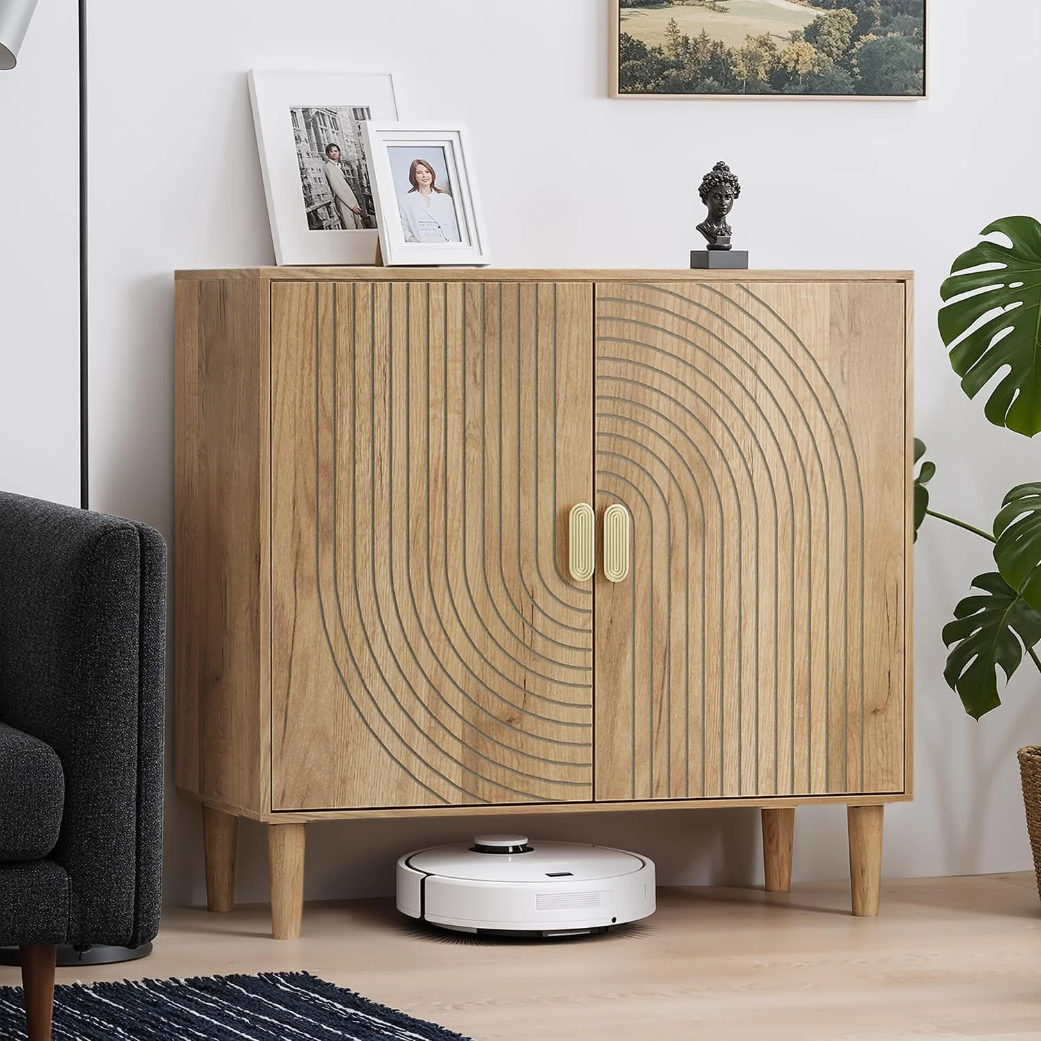 Smuxee Walnut Sideboard Cabinet, Freestanding Buffet Cabinet with Line Groove Design