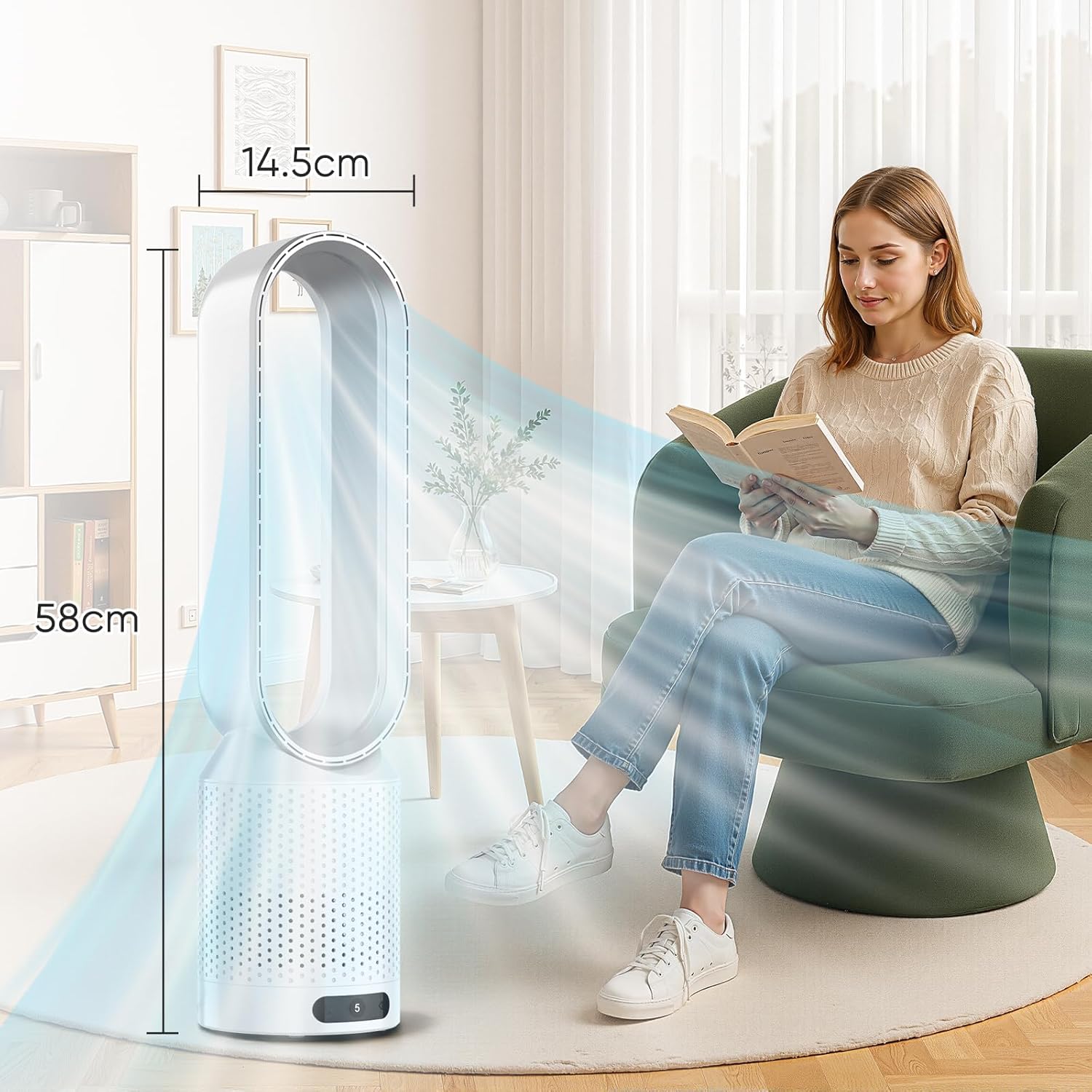 Rotorloser Ventilator mit Fernbedienung,2in1 Turmventilator sehr Leise & Luftreiniger mit HEPA, 8 Geschwindigkeiten,90° Oszillation,Timer,Luftkühler, mobiles Klimagerät,für Schlafzimmer Büro (Weiß)