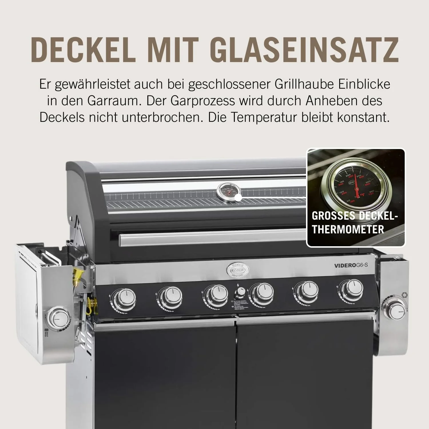 RÖSLE Elektrogrill BBQ-Portable Videro E2-P, tragbarer Tischgrill mit 2 Brennern, Warmhalterost und Deckel mit Glaseinsatz, pulverbeschichteter Stahl, schwarz/silbern