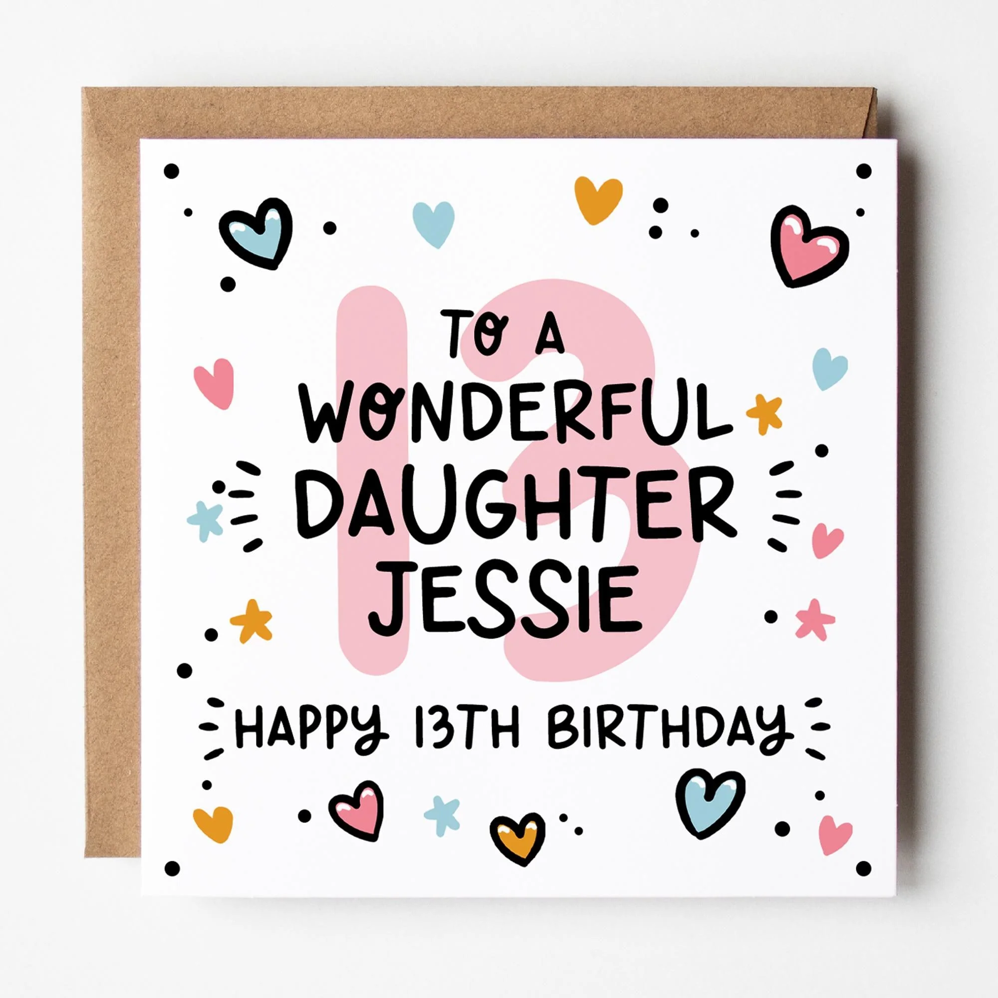 13th Birthday Card for Daughter, Personalised with Kraft envelope