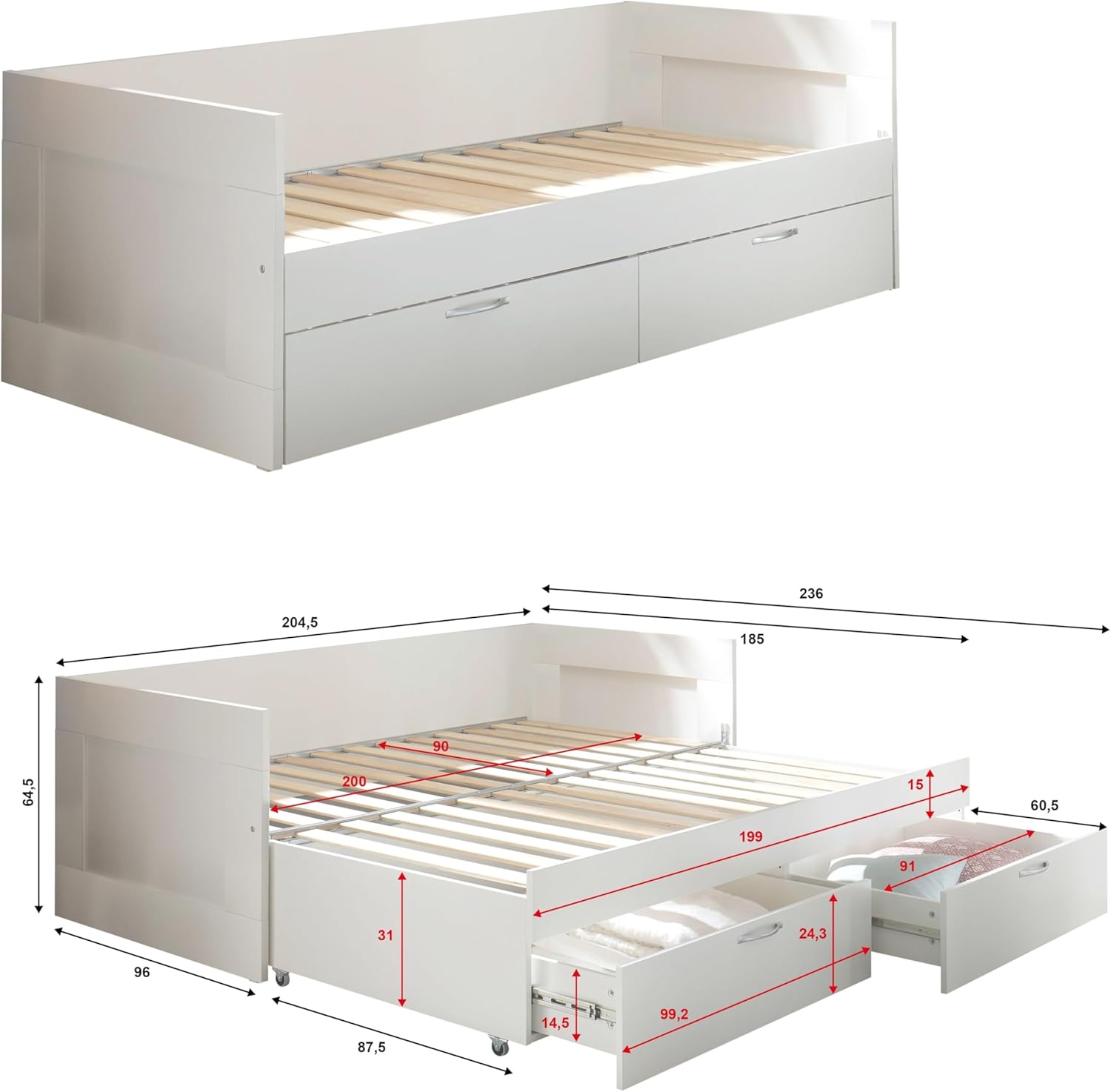 SALIAS Funktionsbett 90 x 200 cm mit ausziehbarer Liegefläche - Platzsparendes Jugendzimmer Einzelbett mit Bettkasten in Weiß - 205 x 68 x 97 cm (B/H/T)