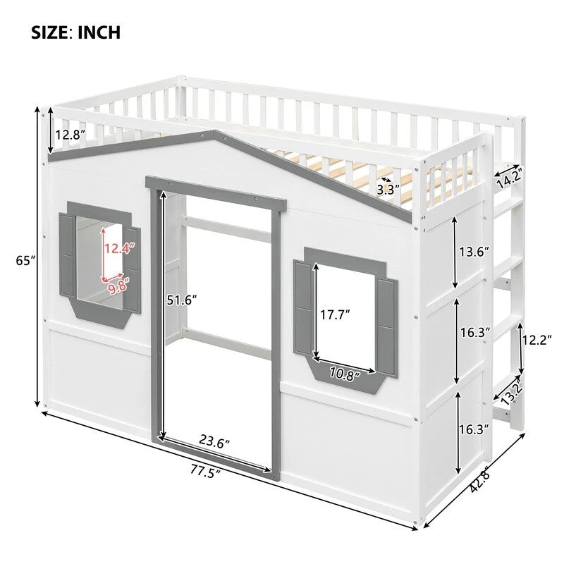 House Loft Bed Twin Kids Playhouse Bed, Solid Wood Loft Bed Frame with Window and Ladder