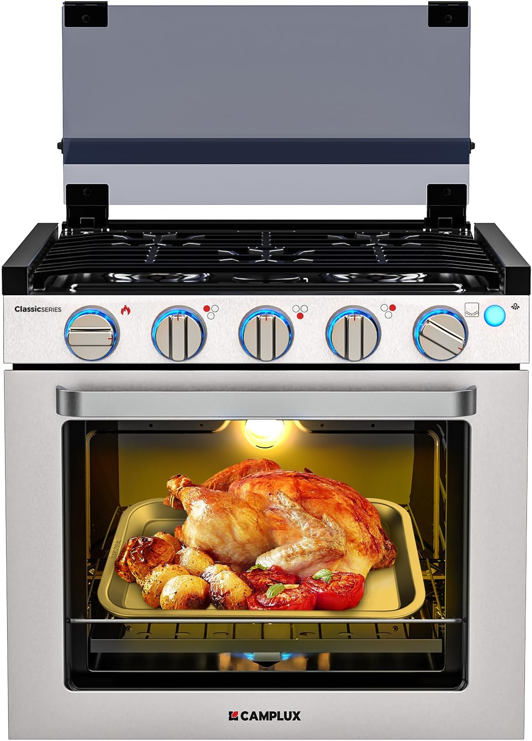 RV liquefied gas stove 21 inches high, a liquefied gas stove oven with 3 burners, suitable for RVs, apartments, mobile homes, made of stainless steel material