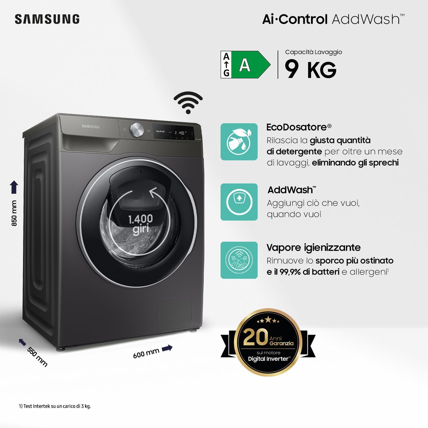 Lavatrice AI control Addwash WW90T684DLN/S3, Libera installazione, 9 Kg, 1400 RPM, WiFi, Ecodosatore, Vapore, Carica Frontale, 60l x 85h x 55p cm, Nero