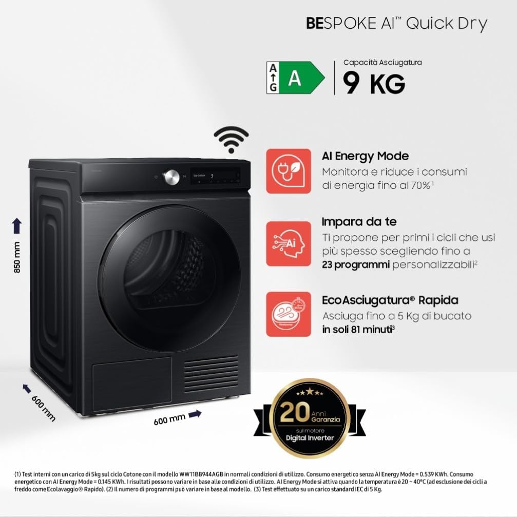 Asciugatrice Bespoke AI DV90DB7845GB/U3, 9 kg, Pompa di Calore, Wifi, QuickDrive, AI Dry, Hygine Dry, Carica Frontale, 60L x 85H x 60P cm