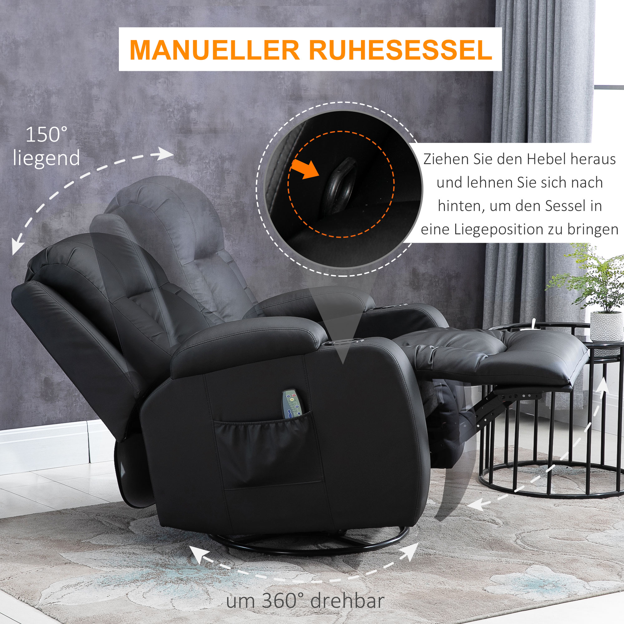HOMCOM Massagestoel, relaxstoel, schommelfunctie, 8 vibratiepunten, inclusief afstandsbediening, zwart