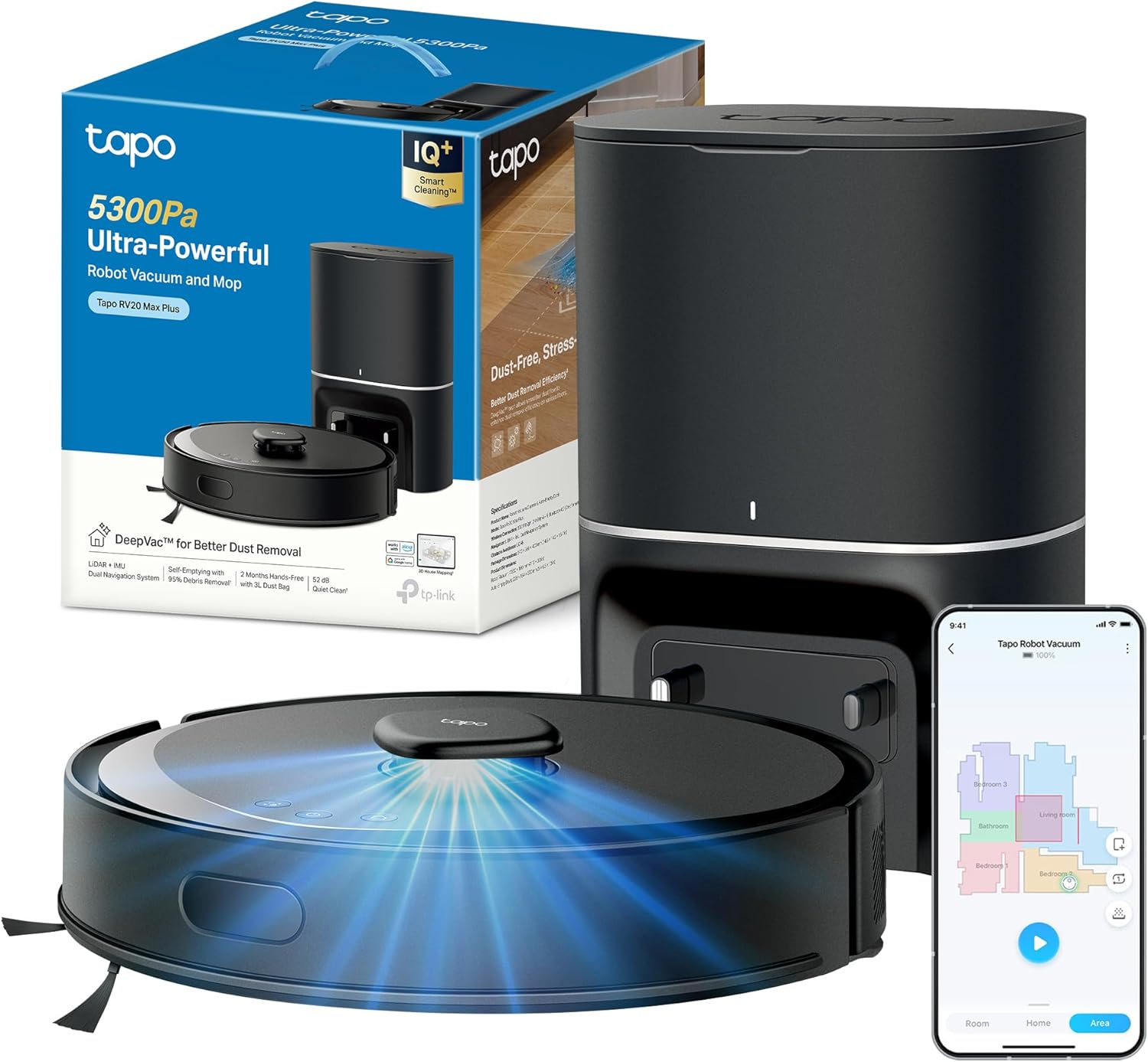 Tapo RV30 Max Plus Robot Aspirapolvere Lavapavimenti con Mappatura 5300Pa, Svuotamento Automatico Polvere 3L, Doppia Navigazione LiDAR +IMU, Zone No-Go e Muri Virtuali, Controllo APP&Alexa&