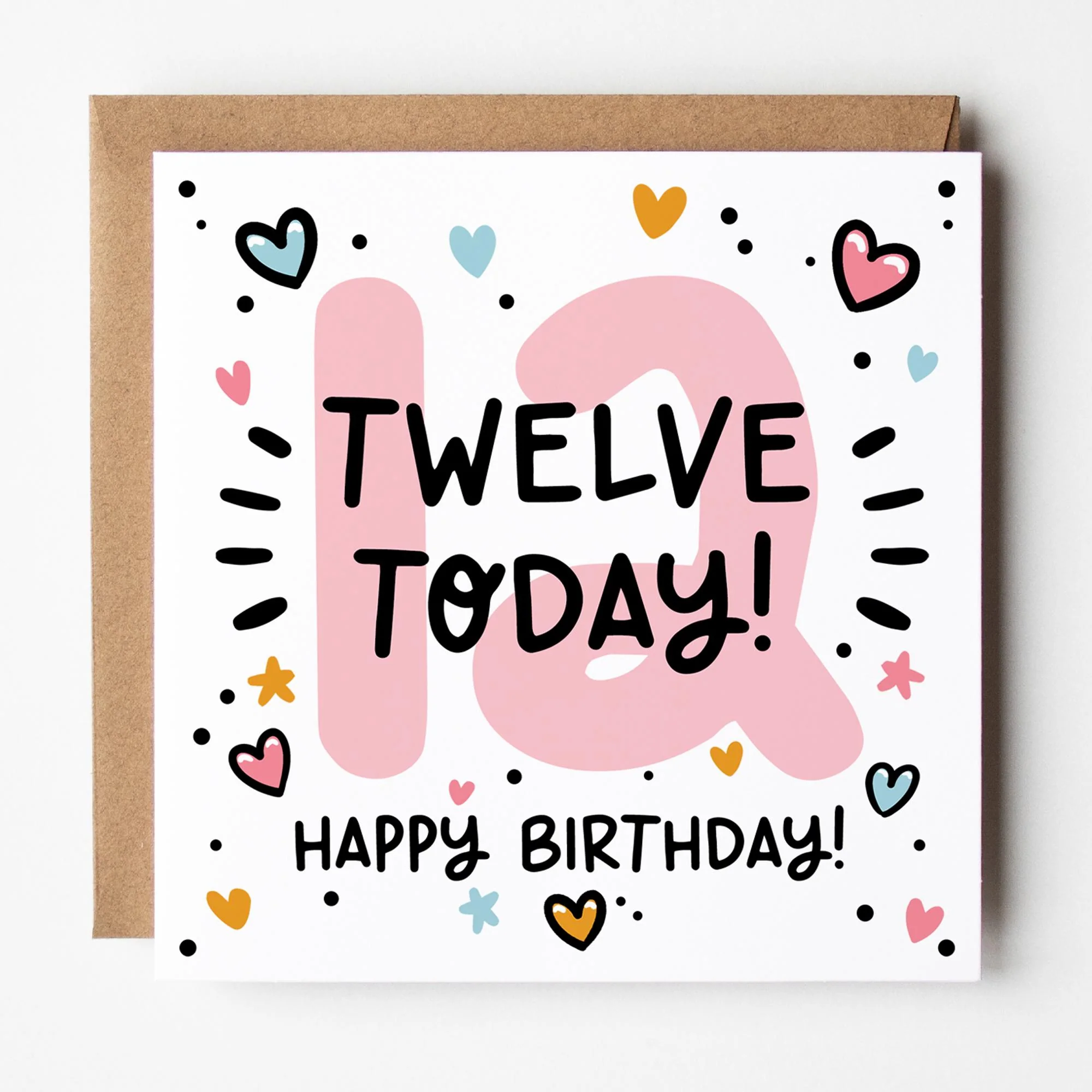 12th Birthday Card for Girls: Pink 12, Twelve Today with Hearts and Kraft Envelope