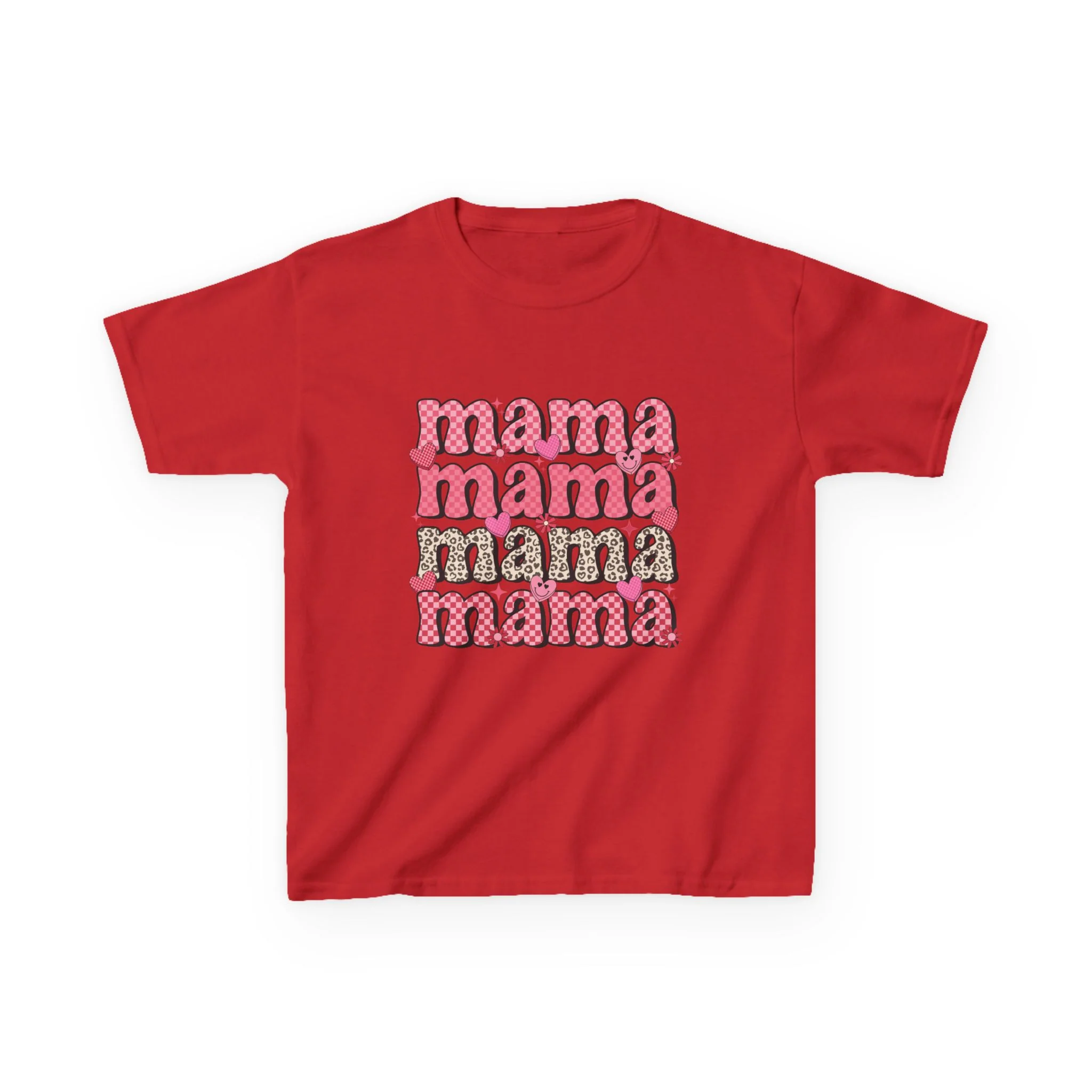 mama stacked text Kids Tee | Retro Pink Pattern