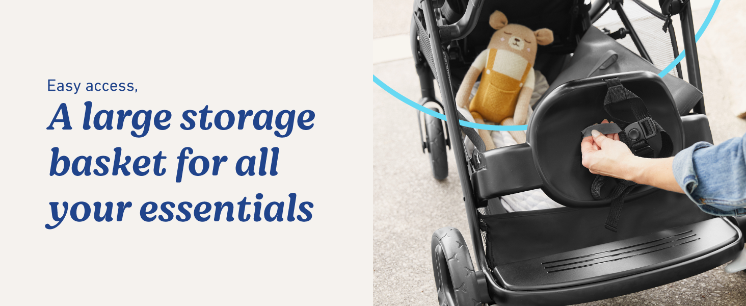 large storage basket easy access on-the-go convenient safe baby toddler children double stroller