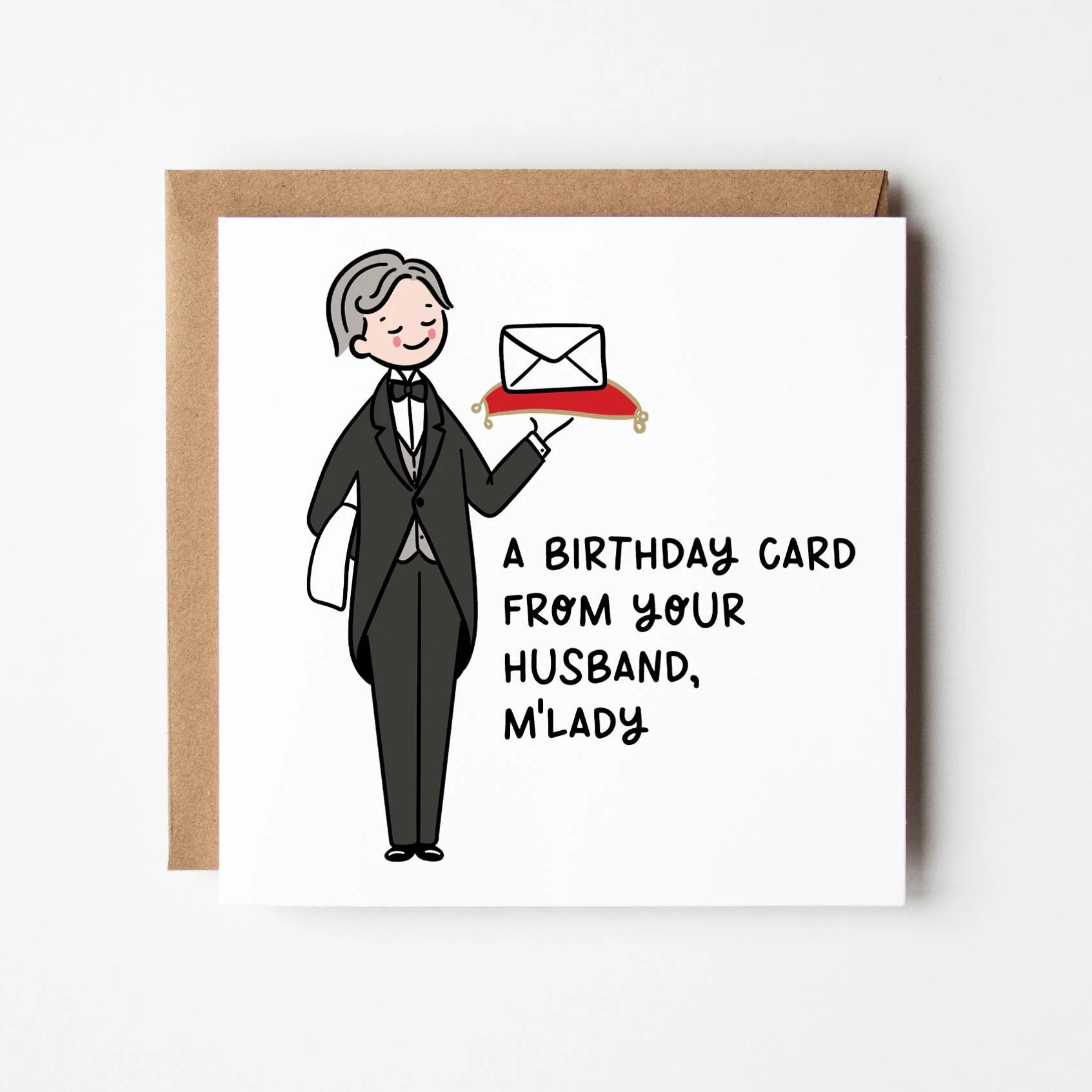 Personalised Wife Birthday Card: Delivered by the Butler, with Kraft Envelope