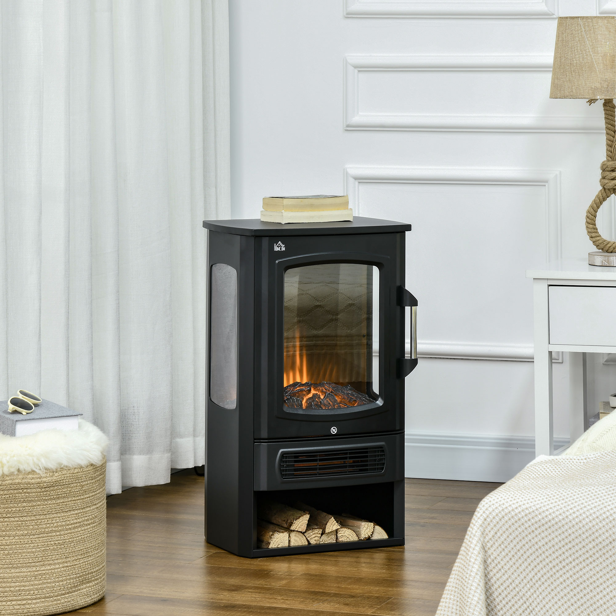 HOMCOM elektrische haard, realistische vlammen, 2 verwarmingsniveaus, bescherming tegen oververhitting, staal, zwart, 44,5 x 32 x 74 cm