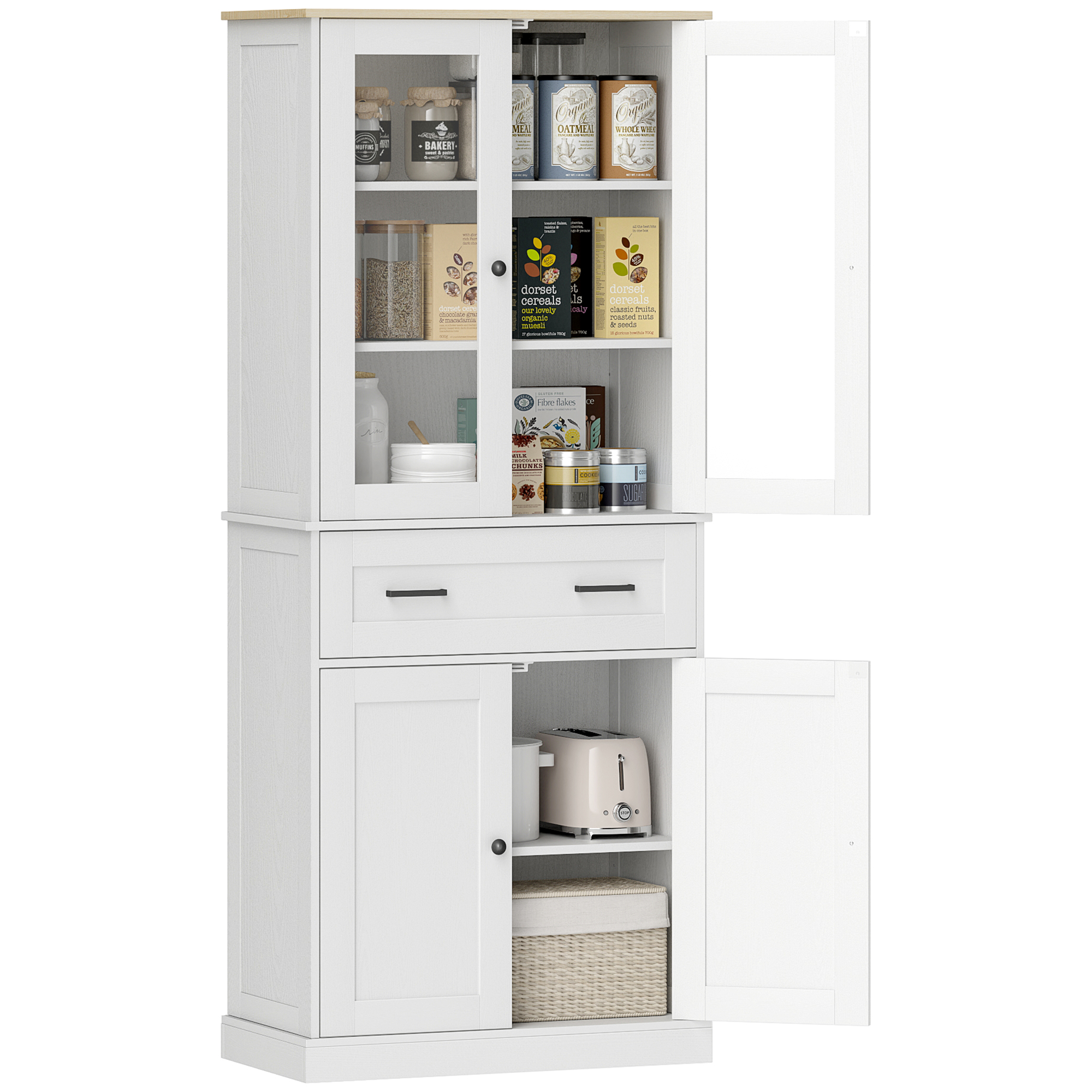HOMCOM Keukenkast, Buffet, Acrylfront, Lades, 76 x 40 x 182,5 cm, Crèmewit