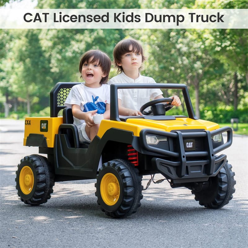 24V 4WD 2-Seater Ride on Dump Truck Licensed Caterpillar Electric Vehicle with Remote Control & Soft Start, Kids Ride On UTV Car with Dump Bed