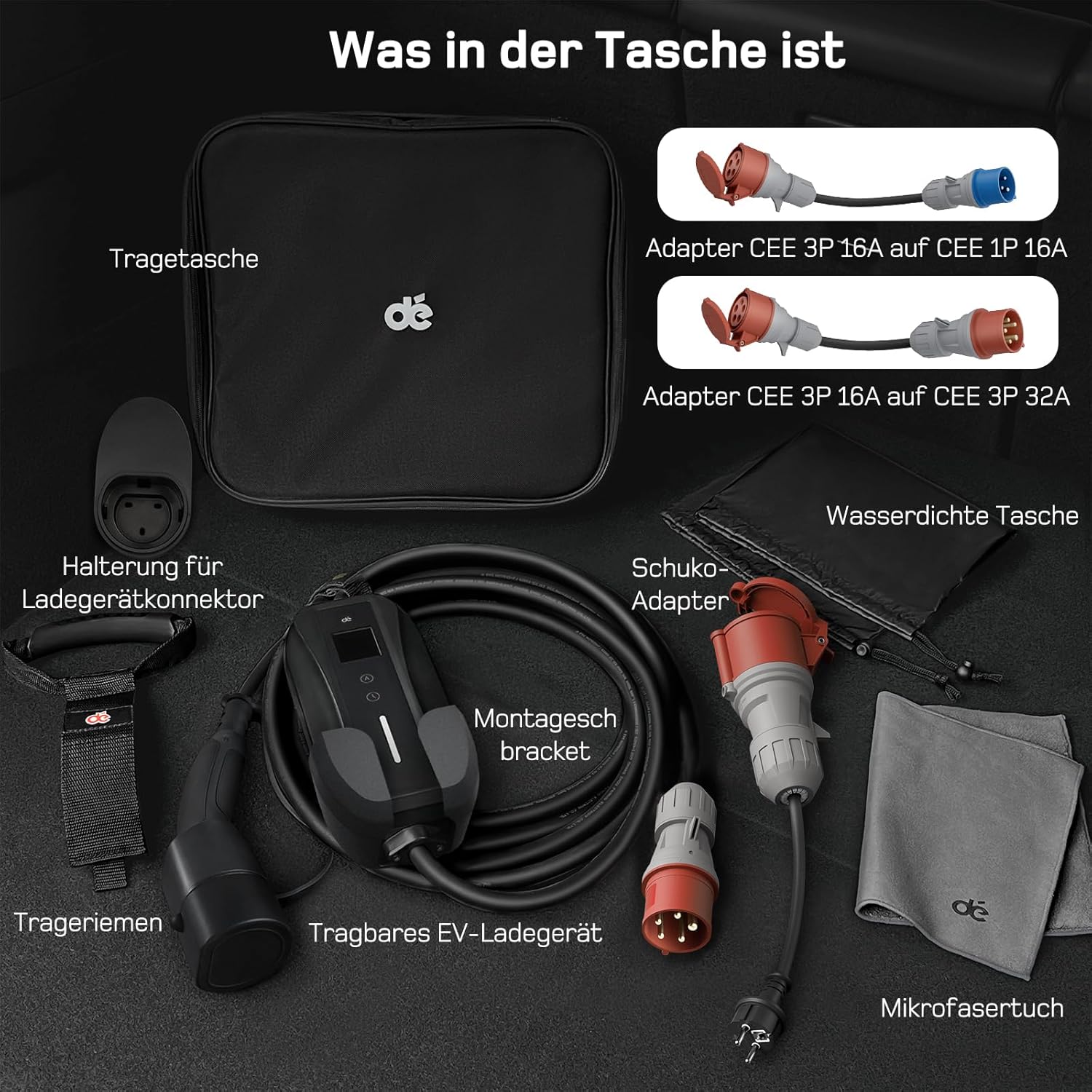 dé Mobile Wallbox/Ladestation 11kW 3-phasig|7m|6-16A] mit Traveller Adapter Set, Ladekabel CEE 16A auf Typ 2 und EV Ladegerät für Model Y/3, ID.3/4/5, MG4, EX30, e-up, e-tron, Zoe und andere EV