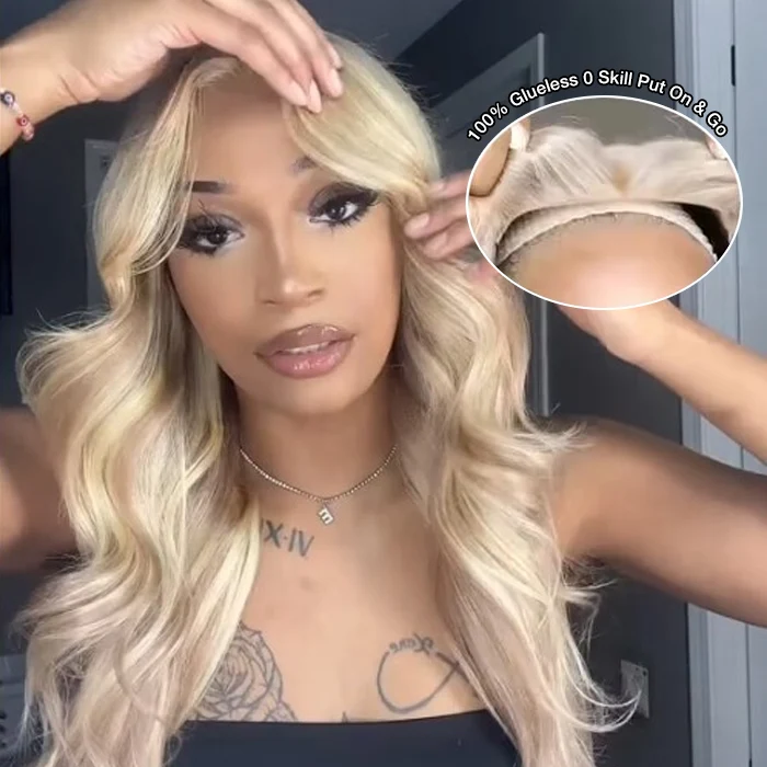 Cynosure Curtain Bangs Glueless Ash Blonde Highlights Wig #18/613 Human Hair Wigs With Dark Roots 14 Inch To 28 Inch