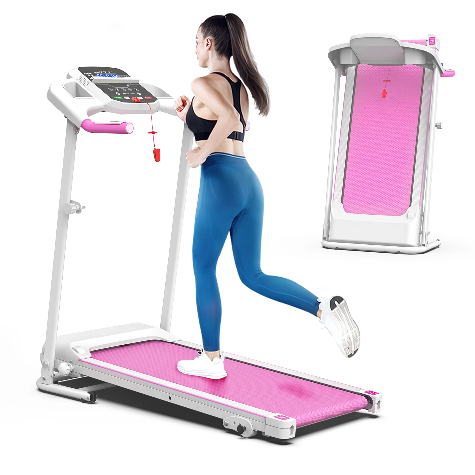 FYC opvouwbare loopband voor thuis, 2,5 pk, 7,5 mph, stille borstelloze elektrische Proform loopband voor thuisfitness, loopmachine met hartslagsensor en LED-display (roze)