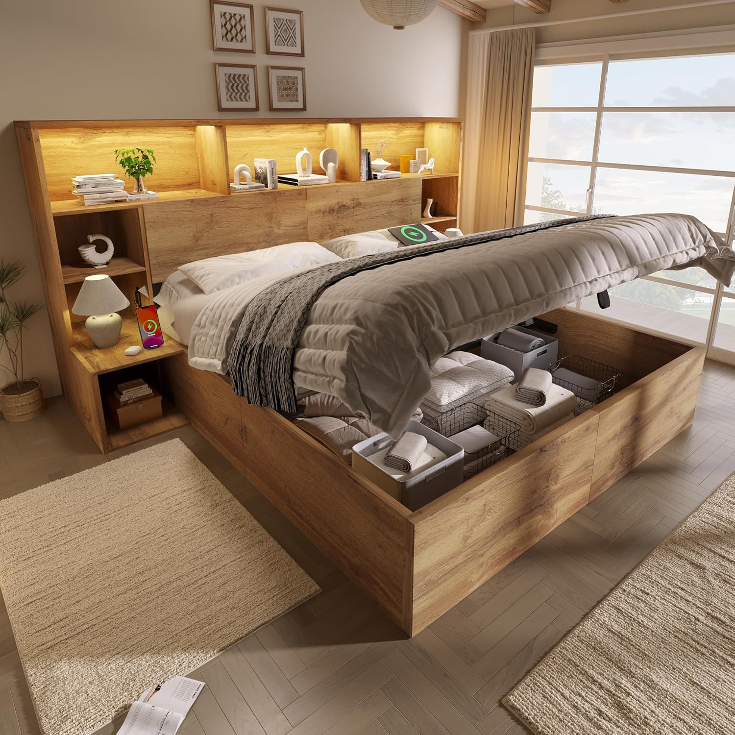 ANIROY Doppelbett Holzbett 180x200cm, Hydraulisches Stauraumbett mit Kopfteil, Stauraum-Kopfteil mit LED & USB-C-Anschluss, Systembett Bettgestell mit Lattenrost, ohne Matratze, Eiche