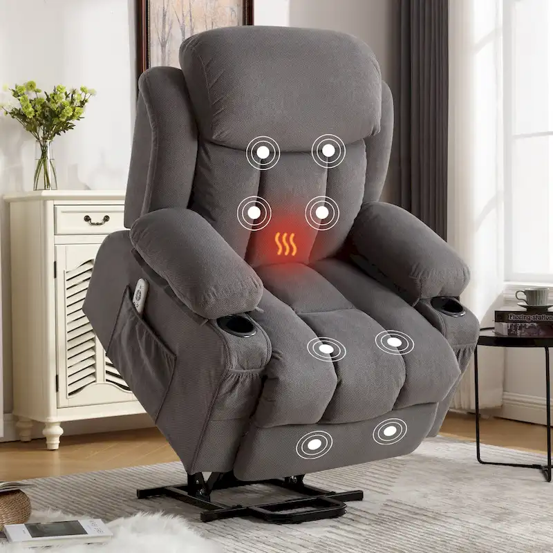 Grey Power Lift Recliner with Heated Massage, USB Charging, Remote Control, and Convenient Side Pockets for Seniors