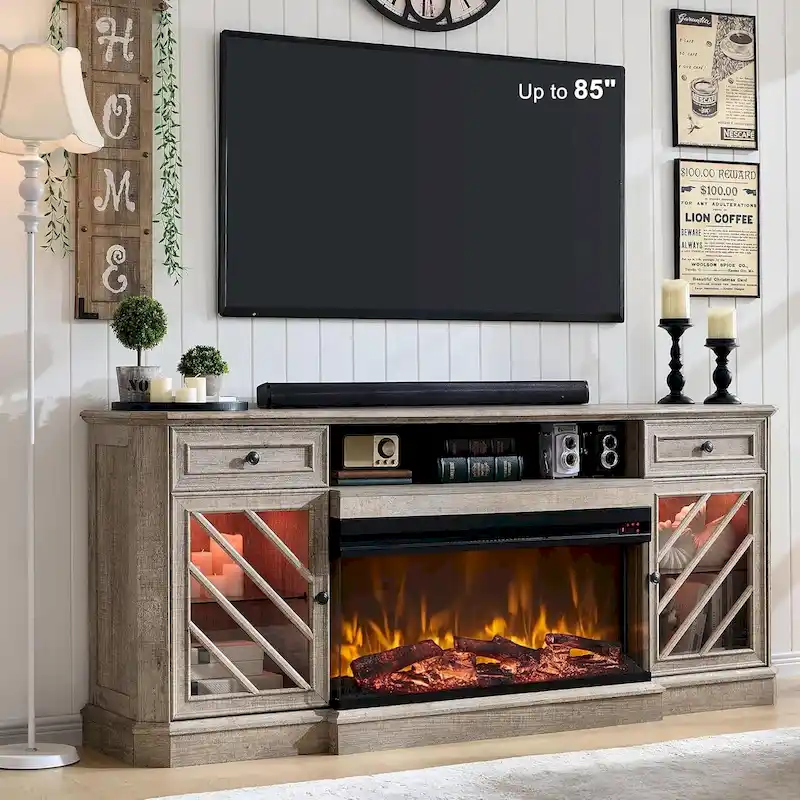 Farmhouse TV Stand with 3-Sided Fireplace, Entertainment Center