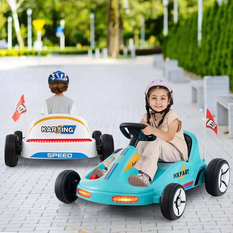 12V Electric Go Kart for Kids, Battery Powered Ride on Race Toy with Remote, LED Lights, Music, Story, Flags, Electric Pedal Kart for 3+