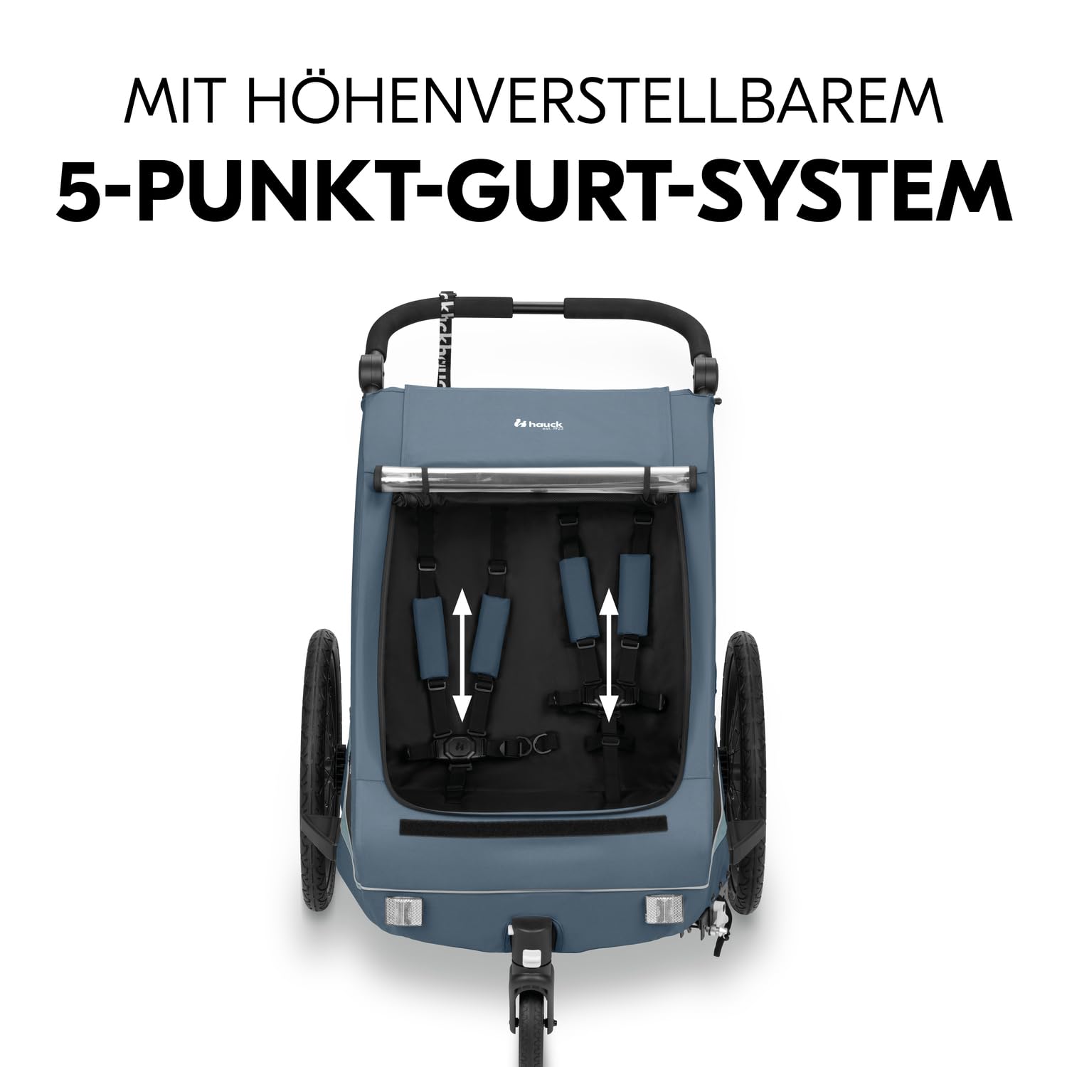 hauck Fahrradanhänger & Kinderwagen Dryk Duo Plus mit Federung, für 2 Kinder (6-48 Monate), inkl. Deichsel, Buggyrad, Fahne und LED Licht, Faltbar, Höhenverstellbar, XL Kofferaum (Dark Green)