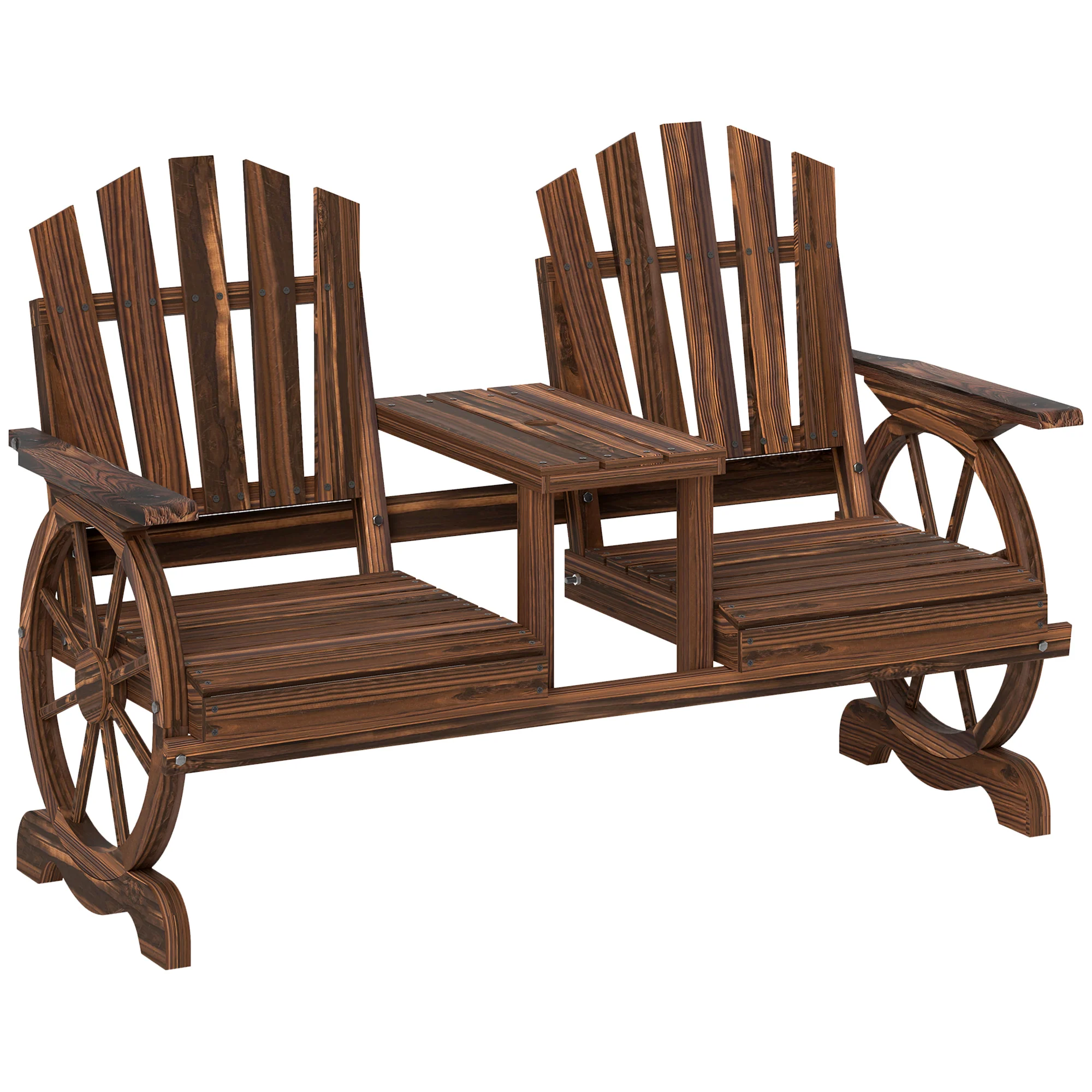 Outsunny Weerbestendige 2-Zits Houten Tuinbank met Paraplugat en Wagenwielpoten, 154 x 65 x 102 cm, Verkoolt