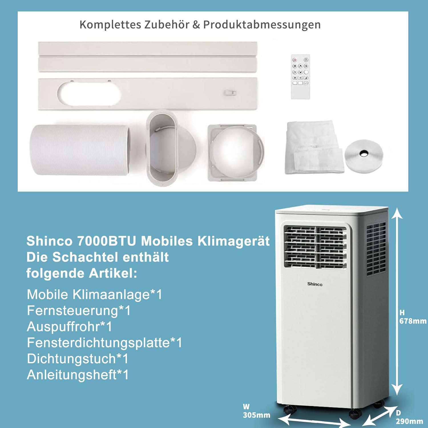 SHINCO Mobile Klimaanlage mit Abluftschlauch, 3-in-1Klimaanlage mit Luftentfeuchter&Ventilator, 7000BTU, 2,05 kW, Mobiles Klimagert mit Schlafmodus, Timer und Montagematerial, Rume bis 54m