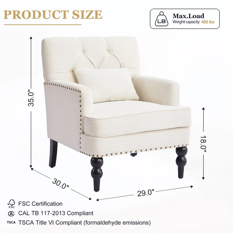 Set of 2 Arm Chair Upholstered Button Tufted Accent Chair with Lumbar Pillow Beige/ Grey/ Light Blue