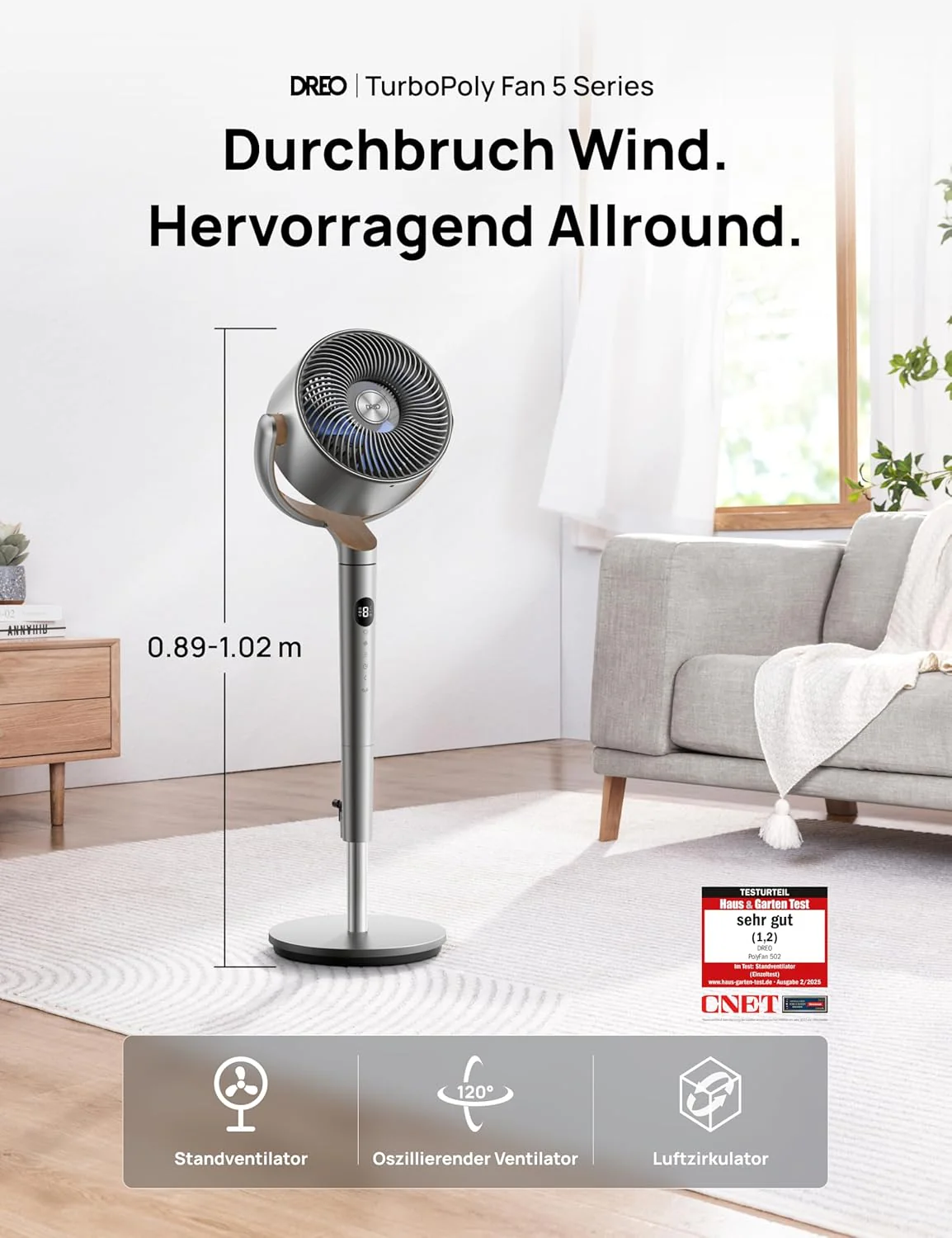 Dreo 20 dB-lel csendesebb álló ventilátor, 120°+120° minden irányú oszcilláló ventilátor, 26 m szél távolság, 1200 m³/óra légmennyiség, valódi turbó légkeringető ventilátor, 102 cm magas, 3 üzemmód, 8 sebességfokozat