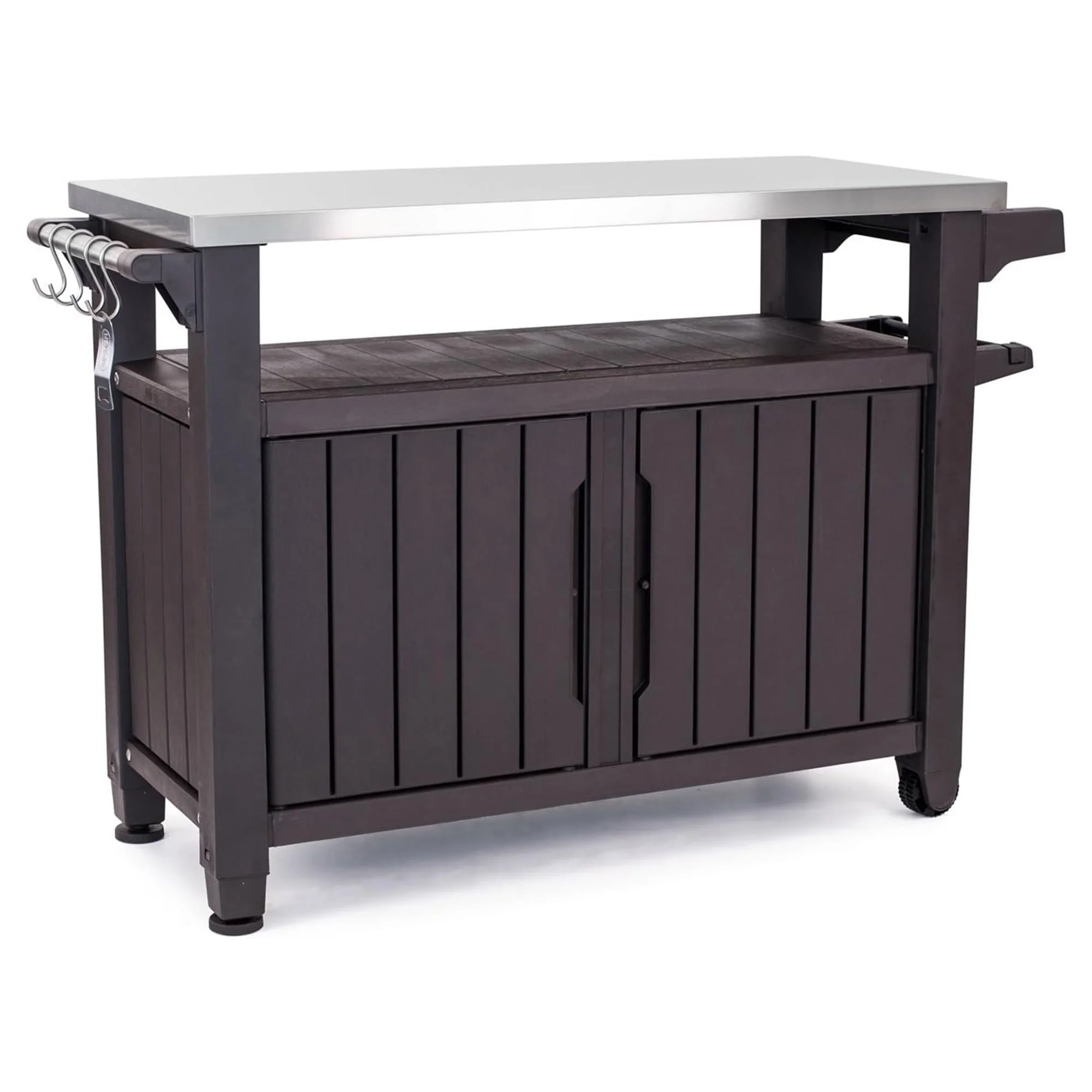 Keter Unity XL Outdoor Kitchen Bar Rolling Cart with Storage Cabinet, Brown