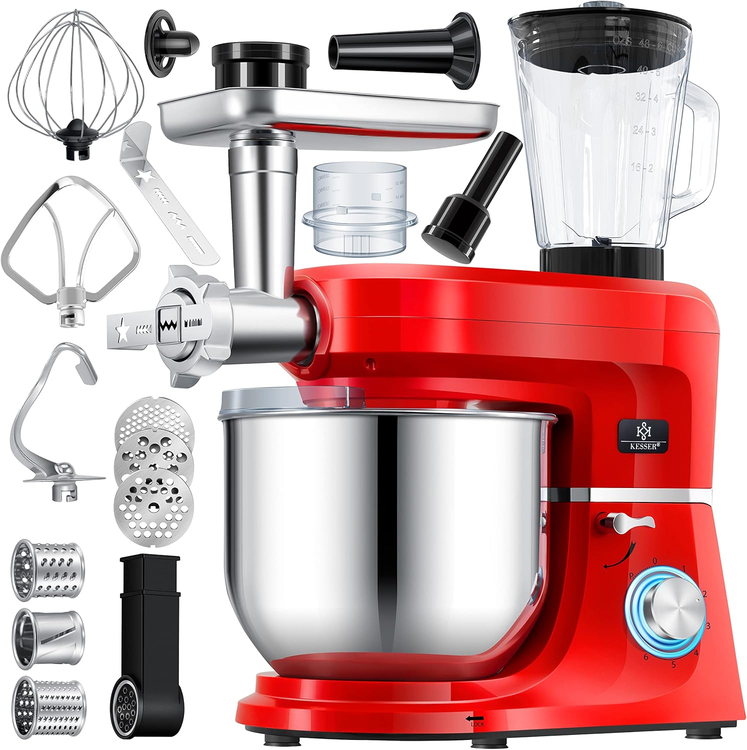 KESSER® 3 in 1 Universal Küchenmaschine K-KM 3000 mit Fleischwolf Knetmaschine Multifunktionale Rührmaschine 5,5L Schüssel mit 3 Rührwerkzeuge, 1,5L Entsafter, Zubehör-Set, Pasta & Gebäckformen