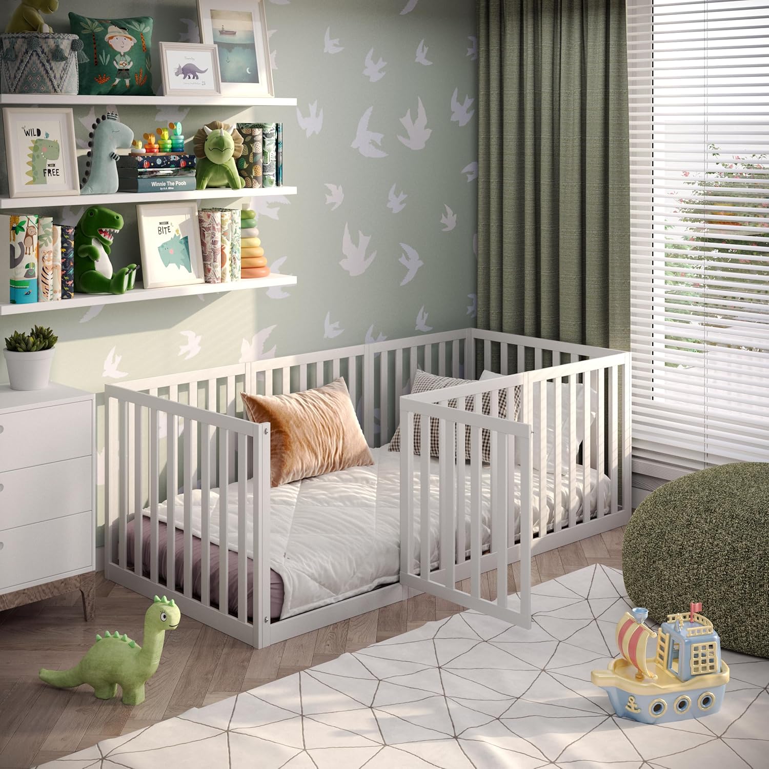 CADANI Teso Box Bambini in Legno 90x200 cm – Lettino Montessori, testato secondo EN 12227, con Porta e Protezione Anticaduta, 6 Configurazioni, Legno Massello, Rete Inclusa