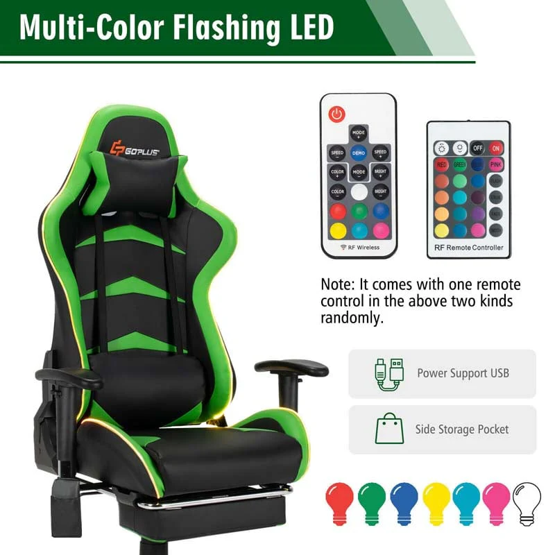 Led Massage Gaming Chair Height Adjustable Racing Computer Office Chair With Footrest Ergonomic High Back Pu Swivel Game Chair - Comfortable And Ergonomic Design