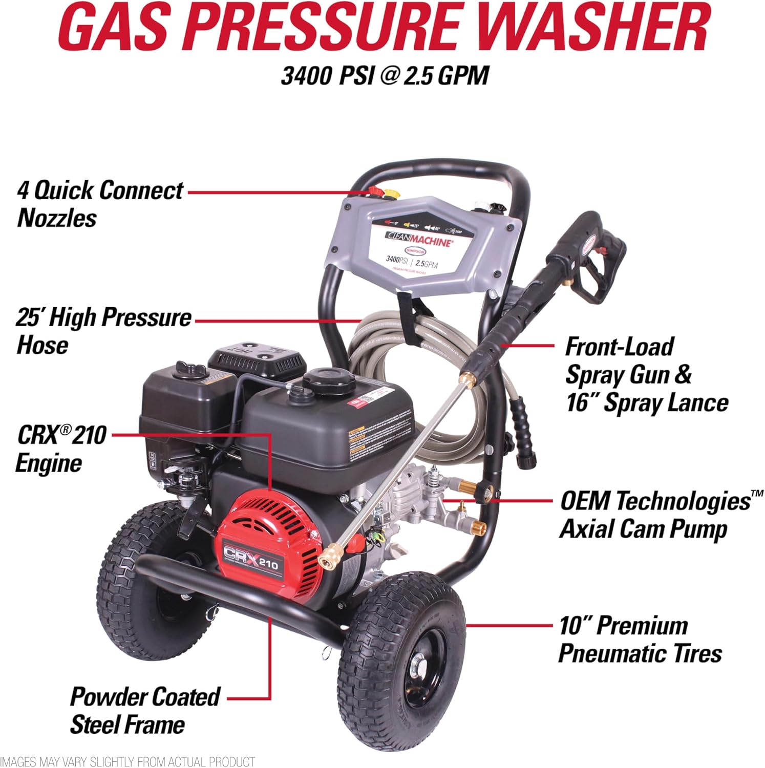 Simpson 3400 PSI Gas Pressure Washer  2.5 GPM Residential Power Washer  Cold Water  25' Hose  Clean Machine  49-State Compliant (CM61083)