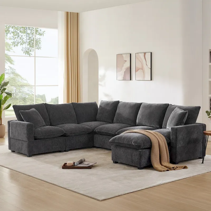 Nestfair Modern U Shape Modular Sofa 7 Seat Chenille Sectional Couch Set with 2 Pillows Included