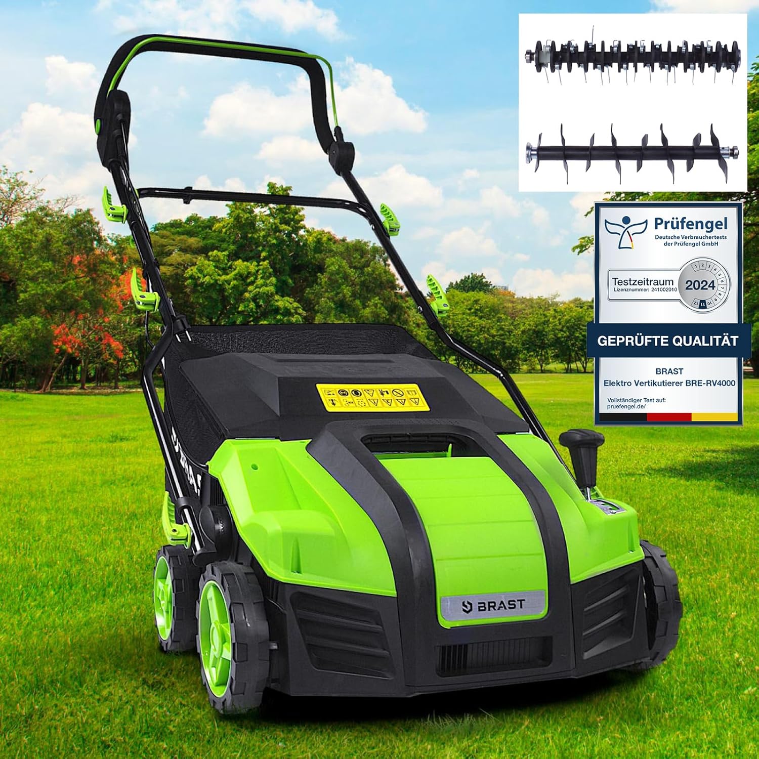BRAST scarificateur électrique - 1800W largeur de travail 40cm, 2en1 rouleau scarificateur et aérateur, bac 55l - 3 MODÈLES diff. puissances - confortable à manier - scarificateur gazon électrique
