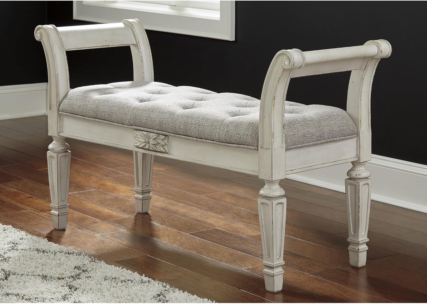 Signature Design by Ashley Realyn French Country Upholstered Tufted Accent Bench with Foam Cushion and Scrolled Arms, Wood Frame, 25.88