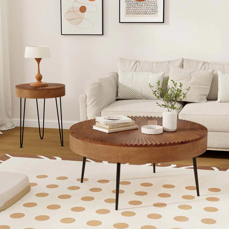 Boho Farmhouse Round Coffee Table Set of 2, Solid Pine Wood Nesting End Table with Metal Legs, Adjustable Foot Pads for Living Room