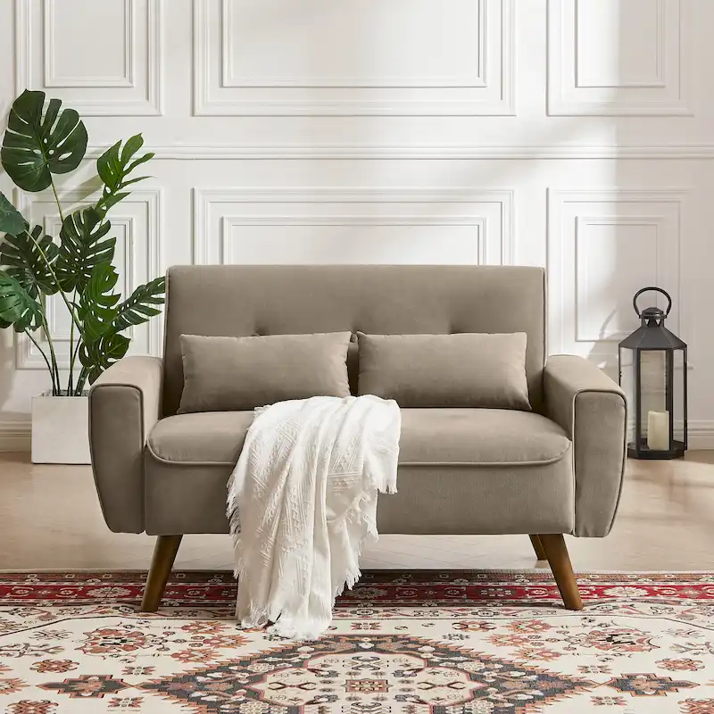 48.82 Small Tufted Loveseat Sofa with 2 Pillows and Tapered Wood Legs