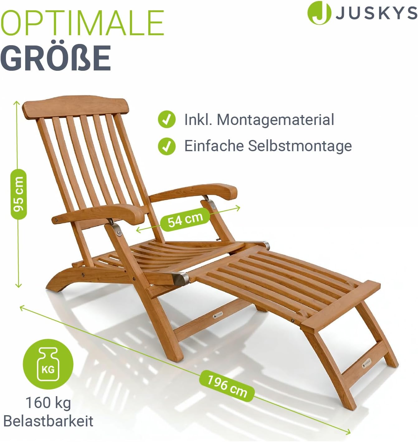 Juskys® Sonnenliege Evia - klappbar für Garten & Terrasse, geöltes Akazienholz für natürliche Optik & langlebige Nutzung, 196x54x95 cm in Natur