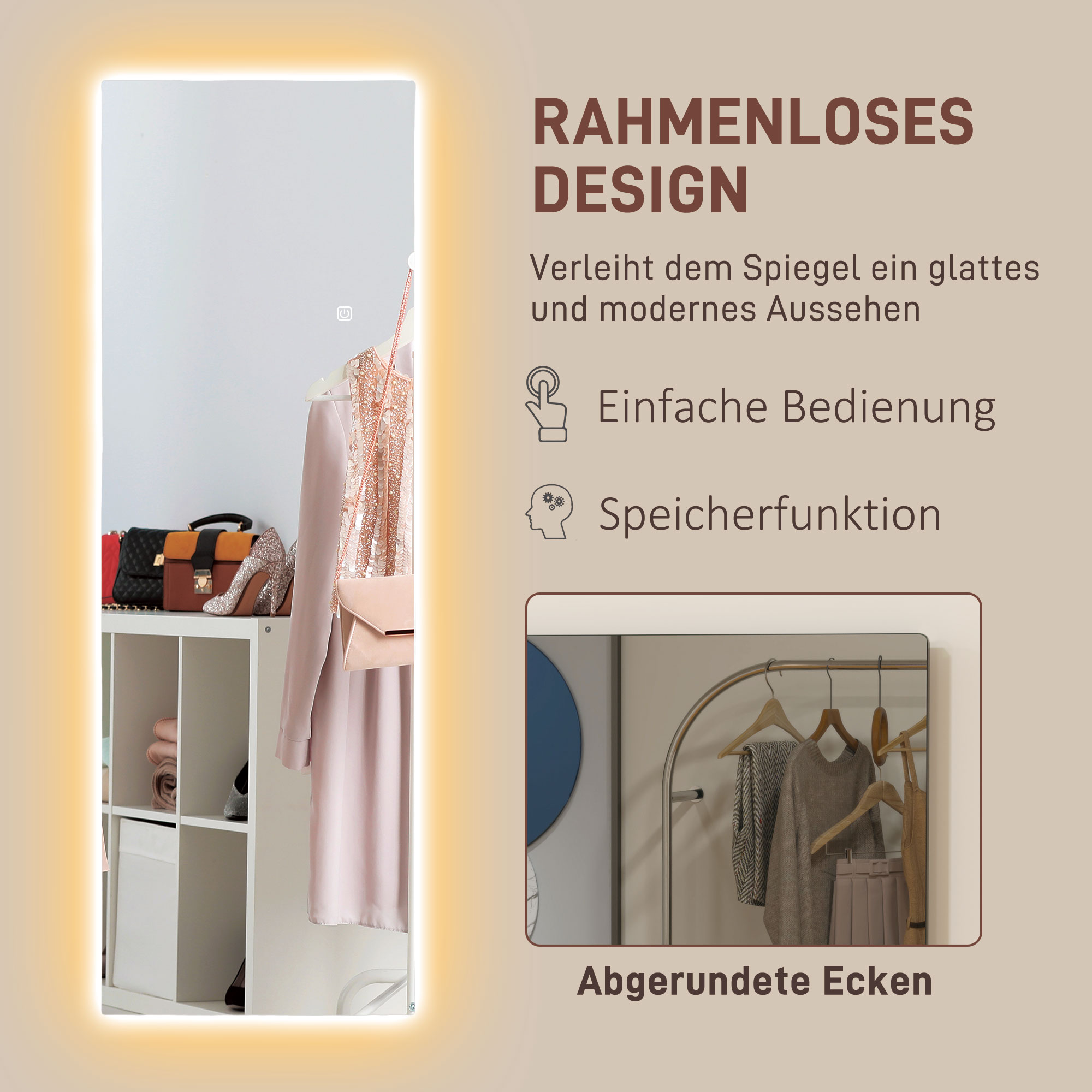 HOMCOM LED Volledige lichaamsspiegel, dimbaar, randloos, Touch-bediening, 40 x 120 cm