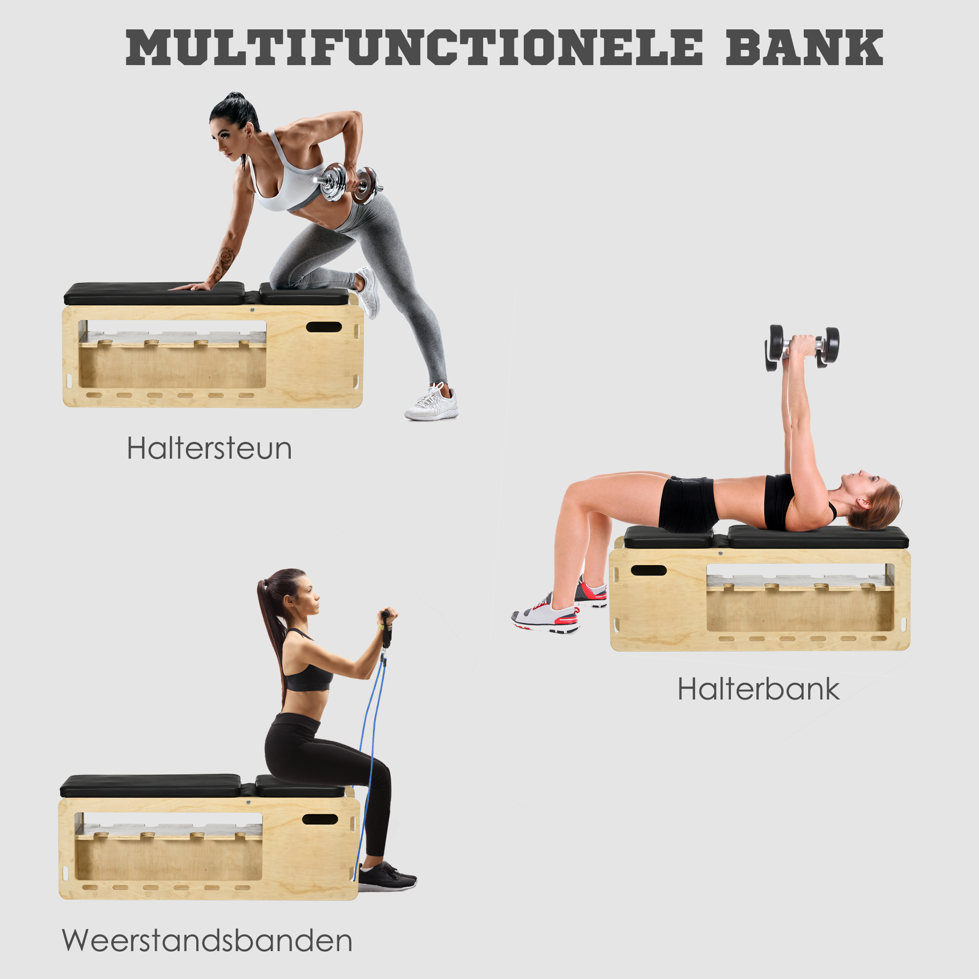HOMCOM Halterbank met halterrek, 1 opbergmand, verstelbaar in 6 posities, massief hout, naturel + zwart