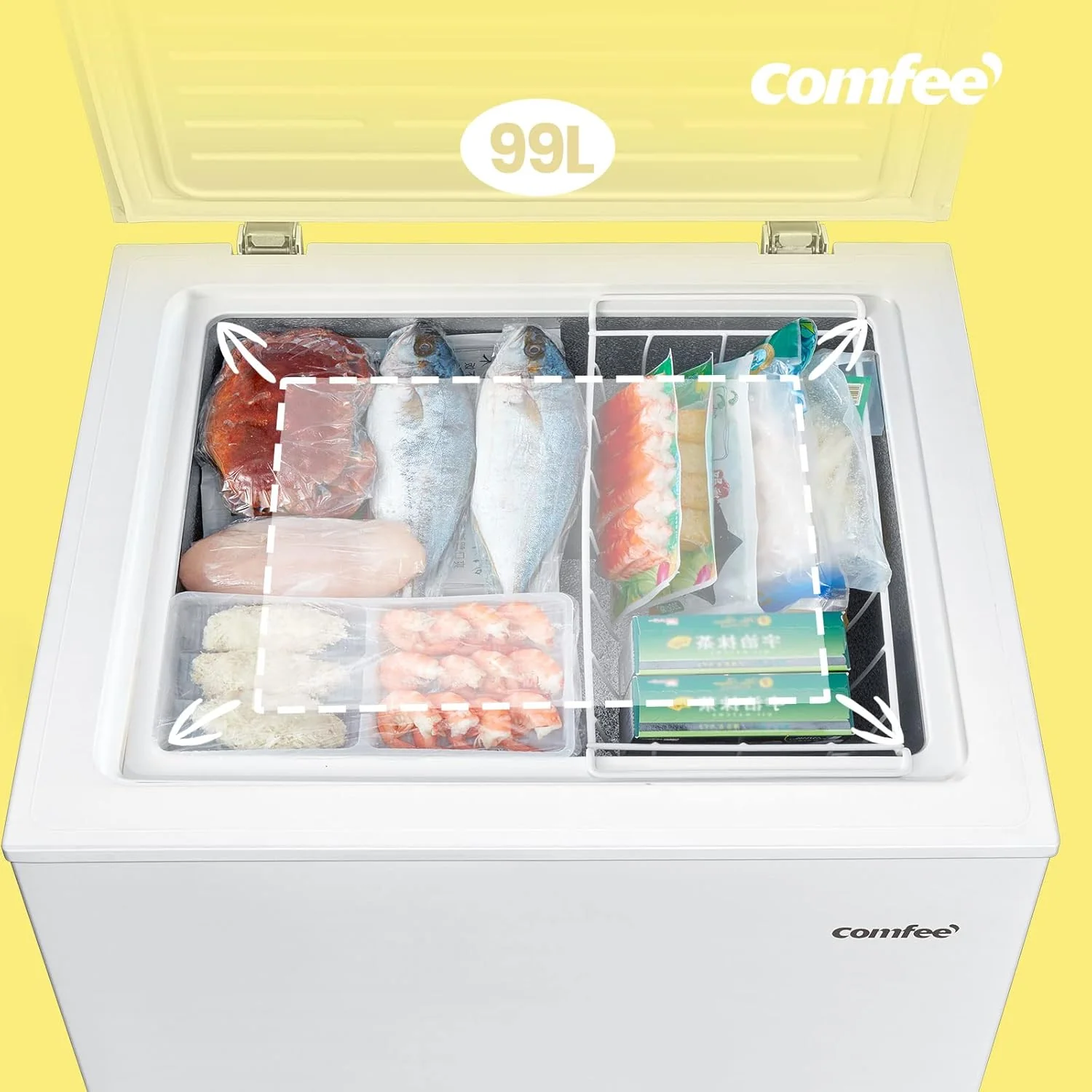 Comfee RCC100WH2(E) Gefriertruhe/169 kWh/Jahr/85cm hoch/99L/38dB/Geringe Lautstärke/Hoch effizientesD-förmigesRohr/Geeignet für verschiedene Einsatzszenarien/Einstellbarer Temperaturregler/Weiß
