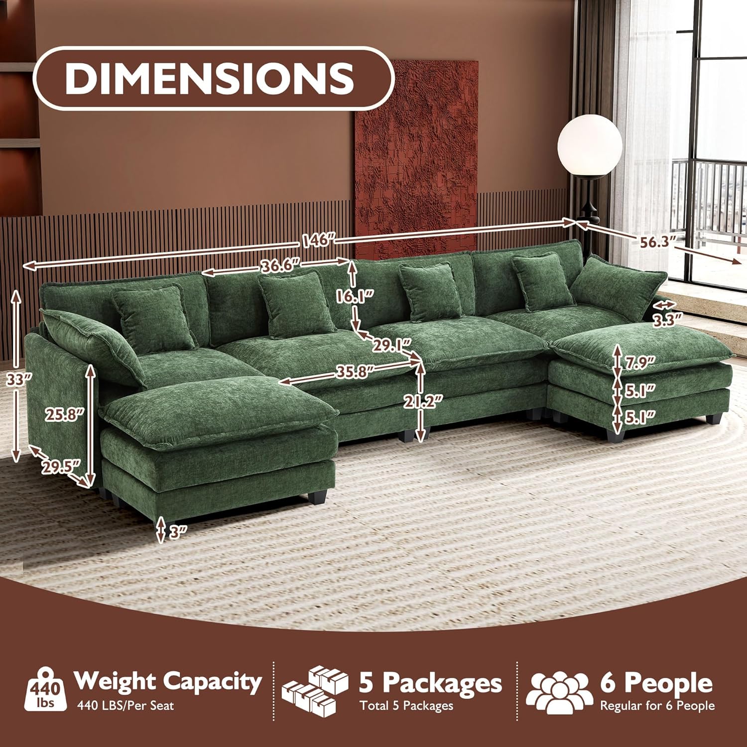 111.4 Inch L-Shaped Modern Sofa Modular Cloud Sofa Ottoman 4-Seater Chenille Deep Seat Sofa