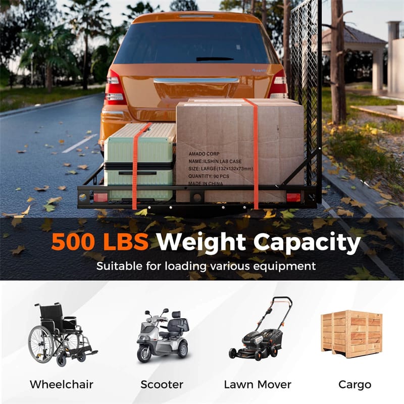 500 LBS Hitch Mount Cargo Carrier with Foldable Ramp, Heavy-Duty Mobility Scooter Wheelchair Carrier for SUV Cars with Stabilizer & 2 Tie-Down Straps