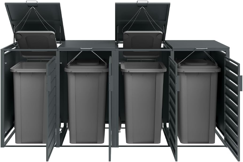 STEELSØN Kestra Mülltonnenbox 4er bis 240L – Mülltonnenverkleidung mit Sichtstreifen aus Stahl – hochwertige Müllcontainer in Anthrazit für 4 Tonnen – Müllbox/Gerätebox wetterfest & UV-beständig