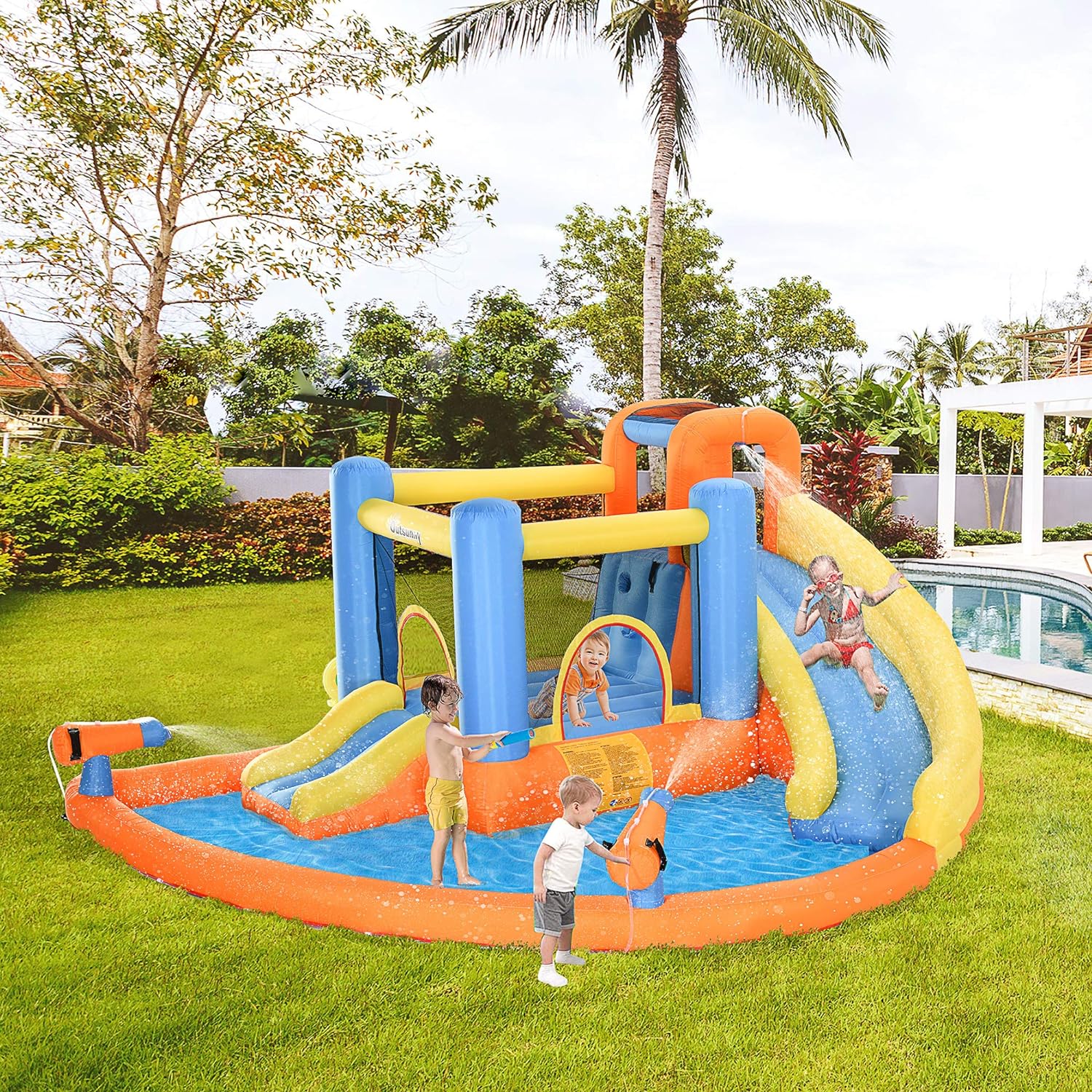 Kids Inflatable Water Slide 5-in-1 Bounce House Water Park Jumping Castle with Water Pool, Slide, Climbing Walls, & 2 Water Cannons, 450W Air Blower