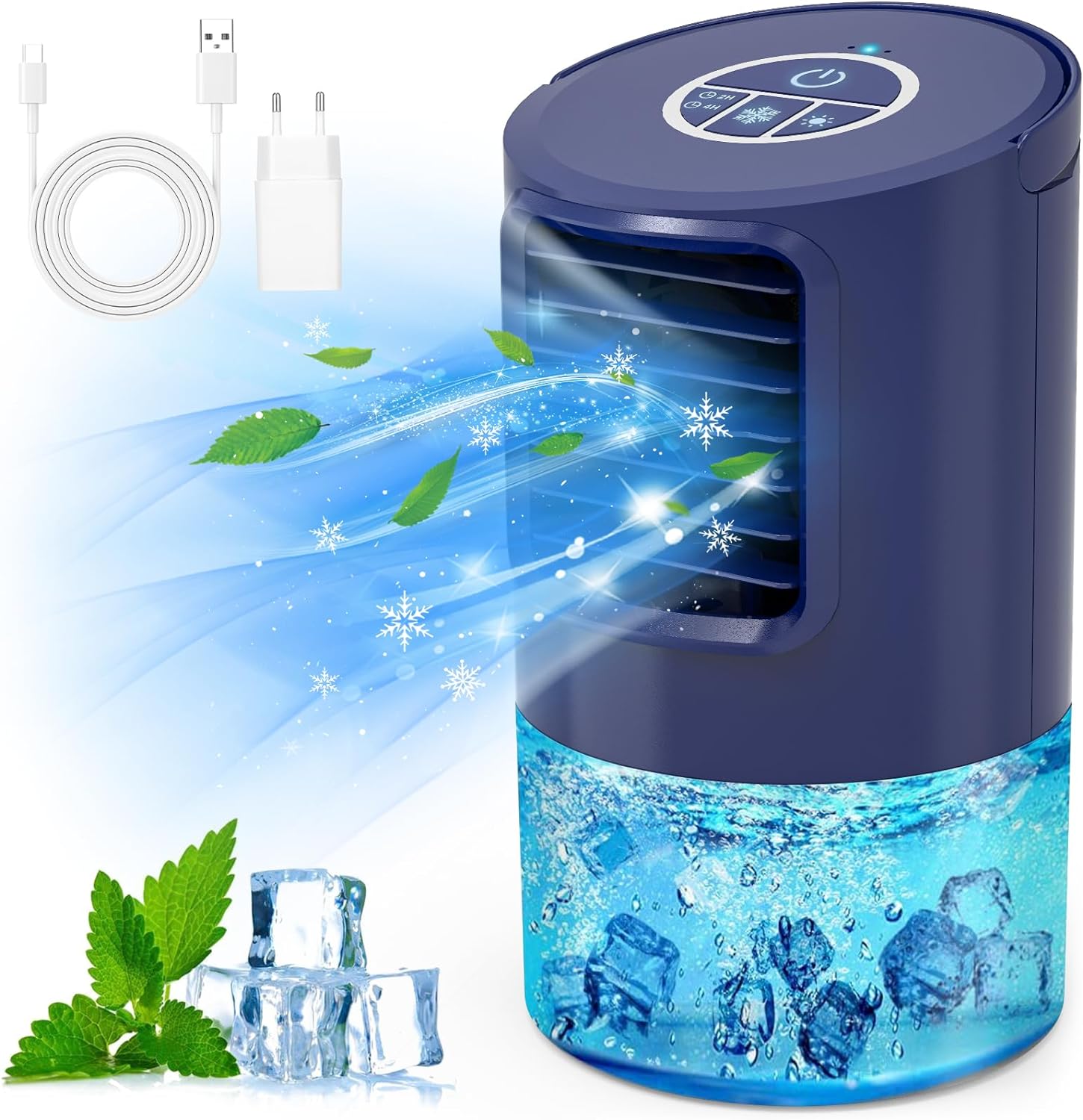 RenFox Klimagerte Mini Luftkühler, 5 in 1 Mobile Klimaanlage, Air Cooler Klimagert, Ventilator, Luftbefeuchter, 3 Geschwindigkeiten, 7 LED Luftkühler Klein für Zuhause und Büro
