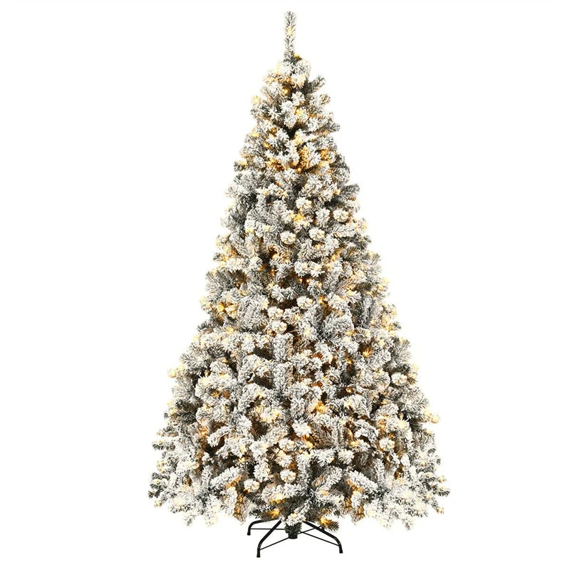Premium Pre-Lit Snow Flocked Artificial Christmas Tree with Hinged Branch Tips & LED Lights